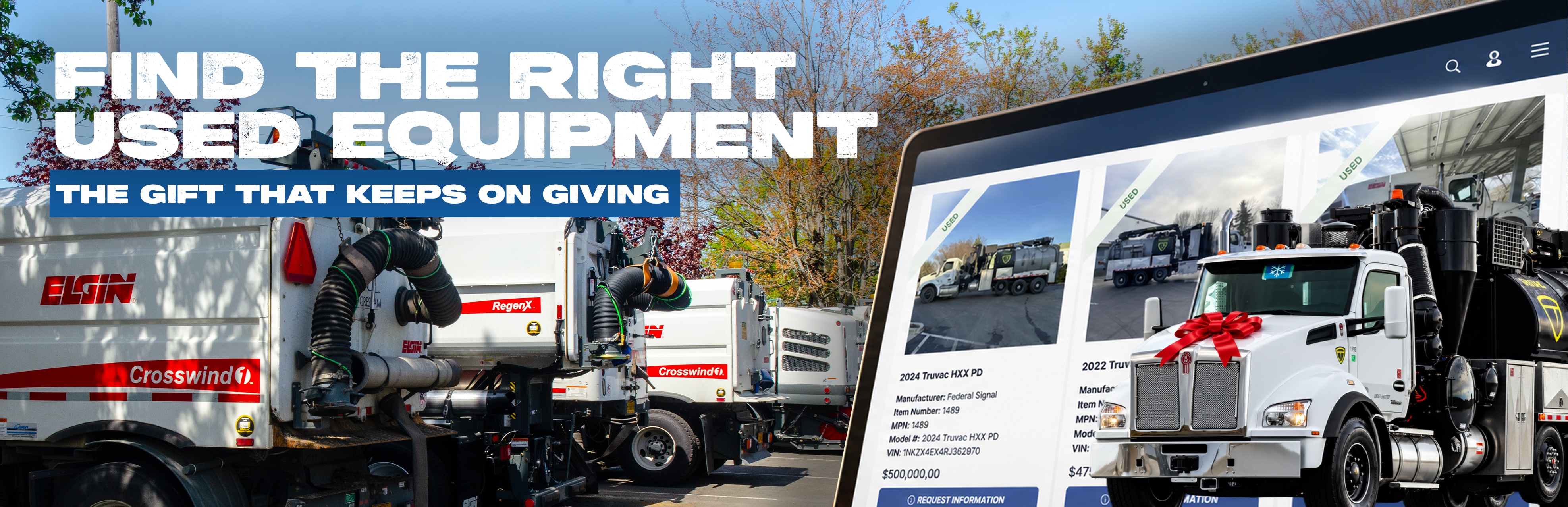 Used Elgin street sweepers and a used TRUVAC hydro excavator with a red bow beside a tablet showing Owen Companies used equipment listings, a year-end Section 179 purchase