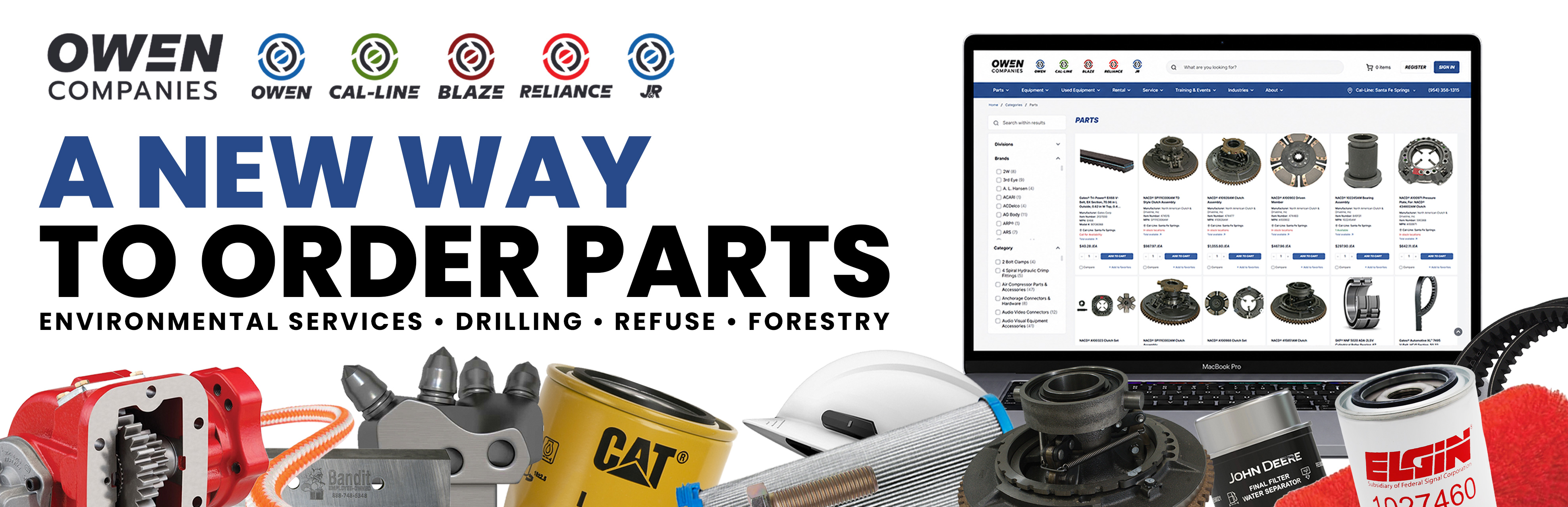 Owen Companies online parts store on a laptop surrounded by equipment parts. Order parts online for environmental services, drilling, refuse and forestry.