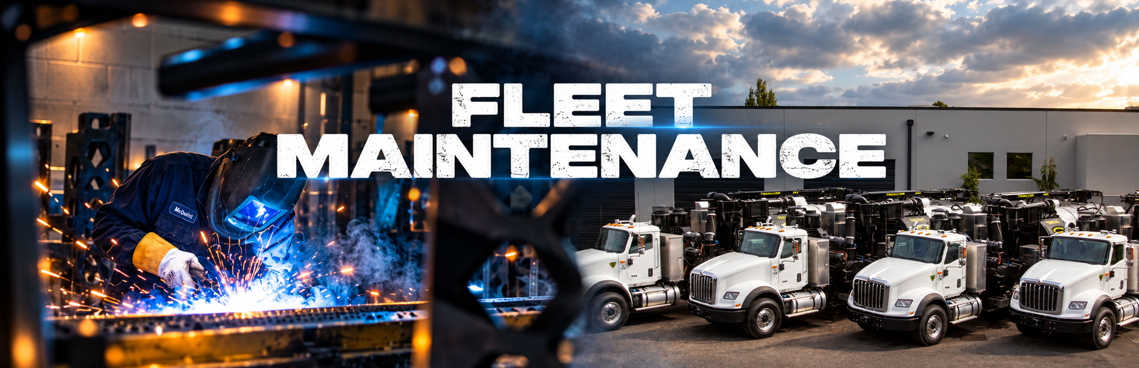 Fleet maintenance at Owen Companies: a technician welding in the shop beside a row of white sewer cleaning trucks